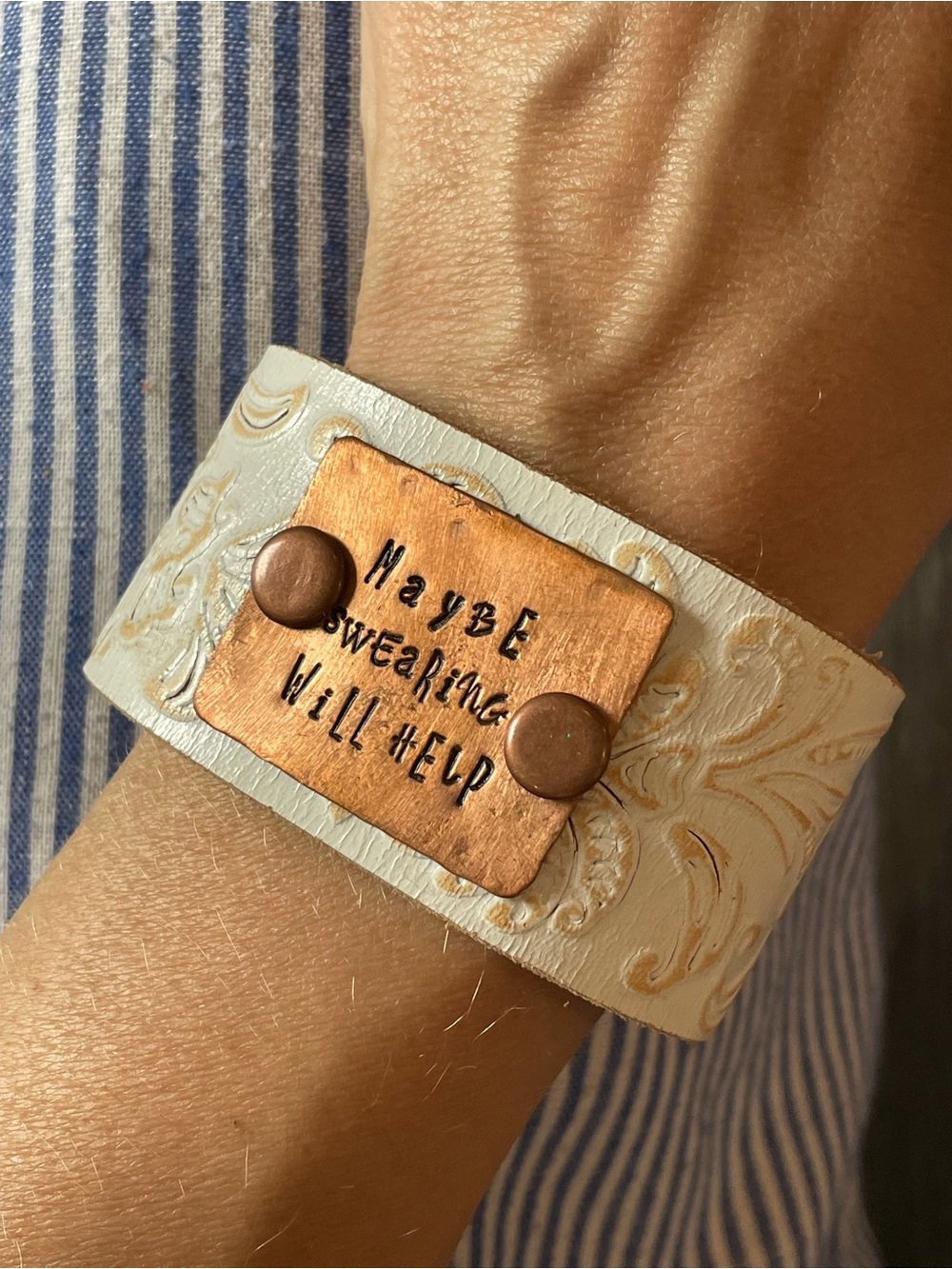 White Leather Cuff Bracelet with Copper Plate Accent